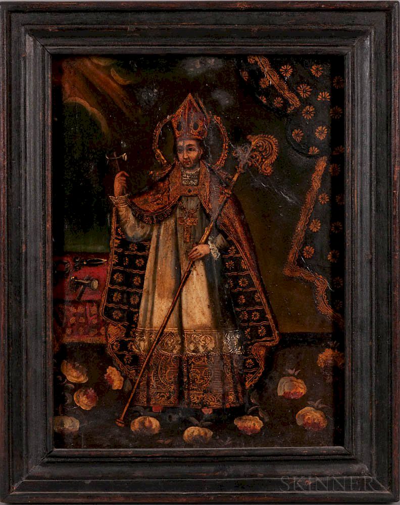 Appraisal: Spanish Colonial School th Century Portrait of Saint Eloi Holding