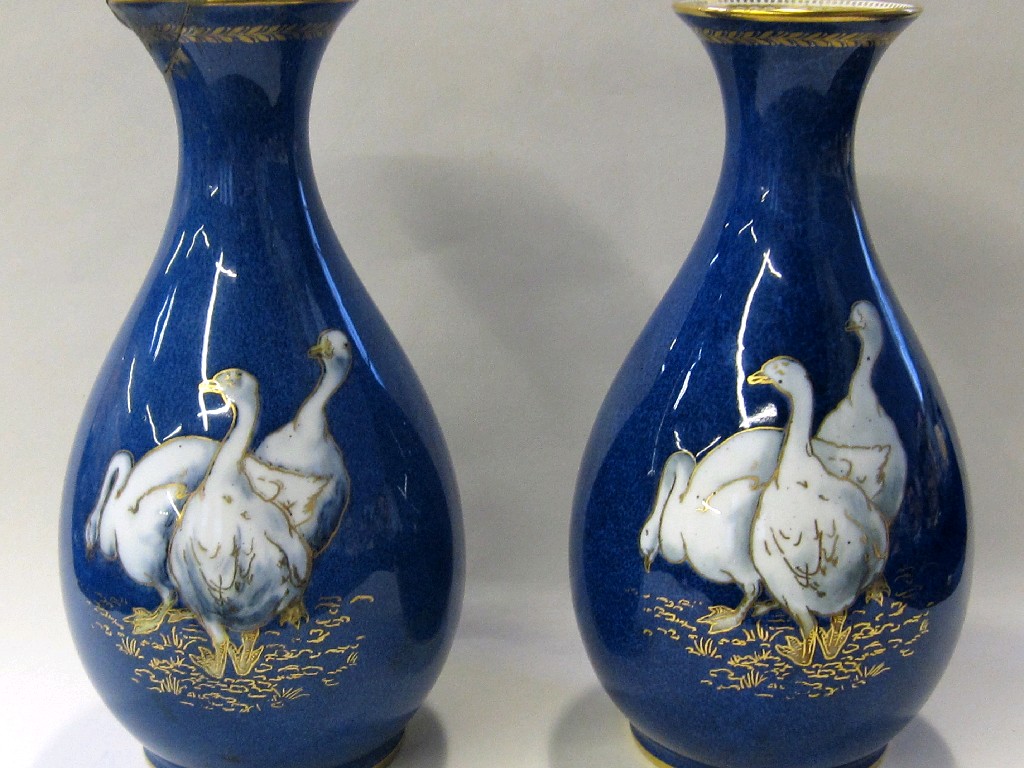 Appraisal: Pair of Wedgwood vases decorated with three geese on blue