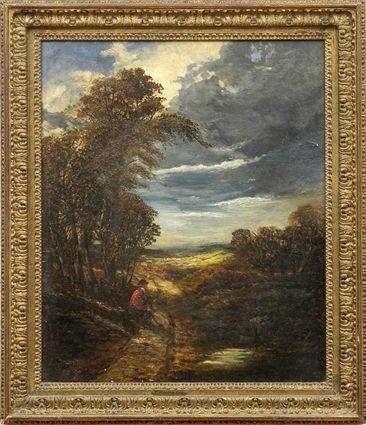 Appraisal: English School th C Landscape with Figure Oil on canvas