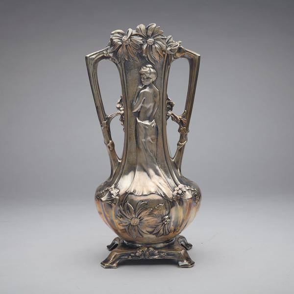 Appraisal: Art Nouveau Silvered Pewter Vase c with semi nude figures