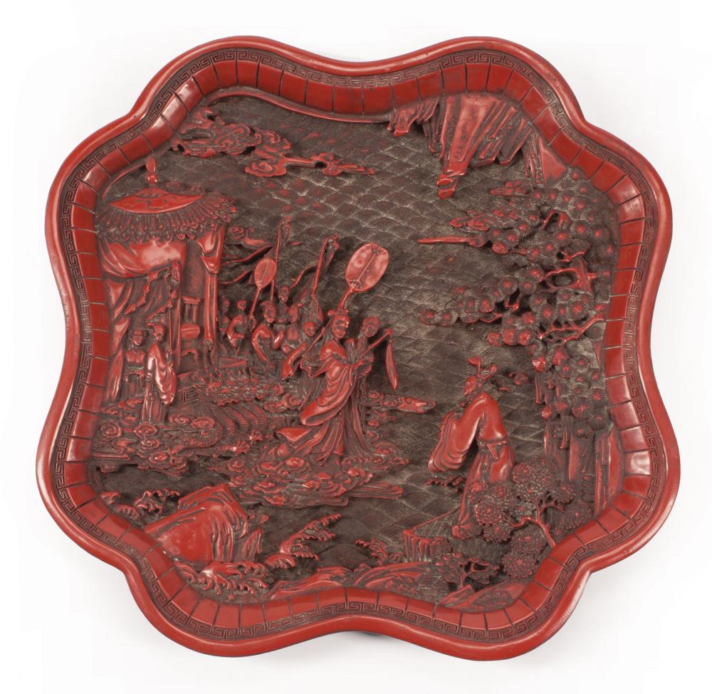 Appraisal: Chinese Red Lacquer Tray molded with ladies and their attendants