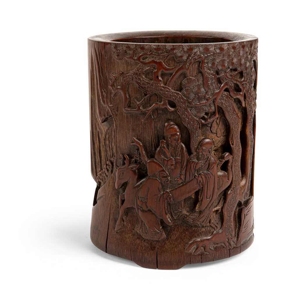 Appraisal: CARVED BAMBOO BRUSH POT deeply carved around the cylindrical body