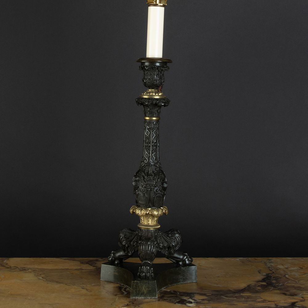 Appraisal: Louis Philippe Ormolu-Mounted and Patinated-Bronze Candlestick Lamp in the Neo-Gothic