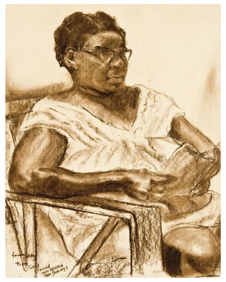 Appraisal: Samella LEWIS Untitled Woman with a book Conte crayon with