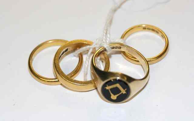 Appraisal: THREE CT GOLD WEDDING BANDS and a ct gold signet