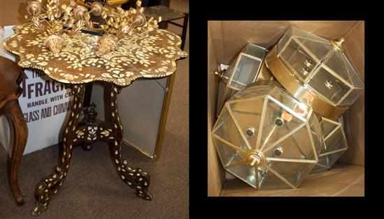 Appraisal: Continental mother-of-pearl inlaid wood shaped top table and four brass