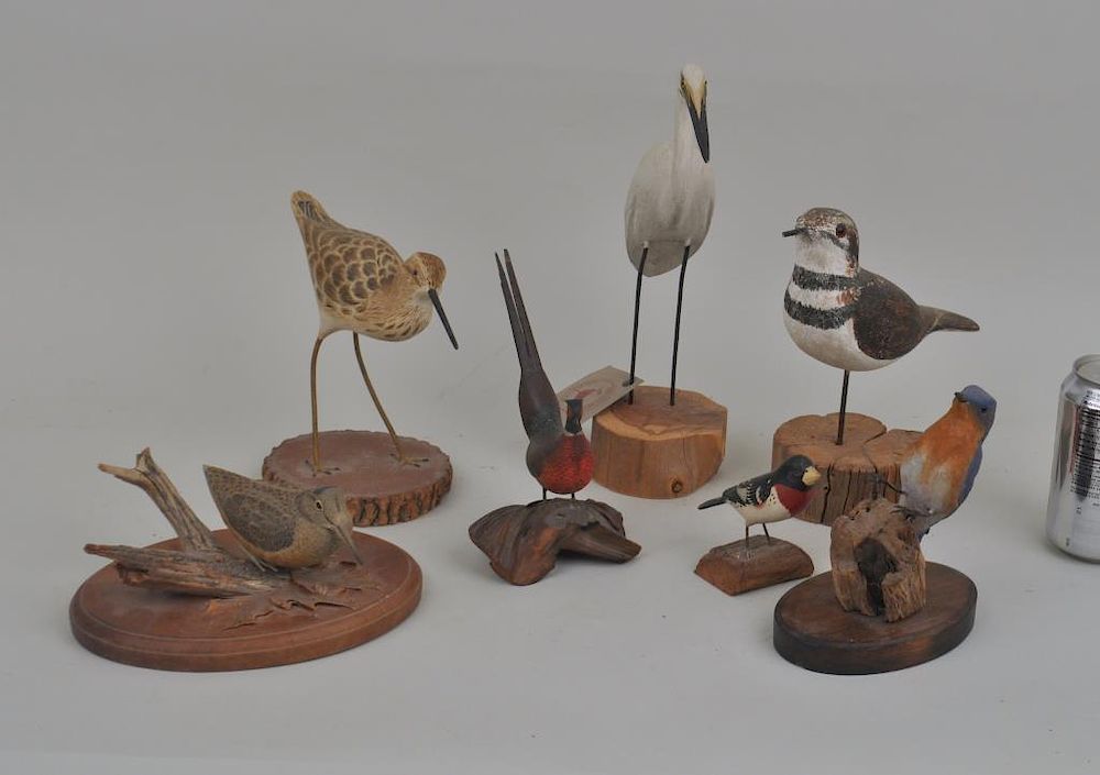 Appraisal: Group of Eight Bird Carvings Some Signed comprising a woodcock