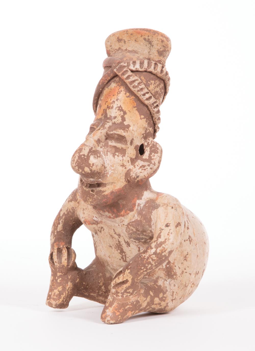 Appraisal: Jalisco Pottery Seated Male Hunchback Figure c BCE- CE the