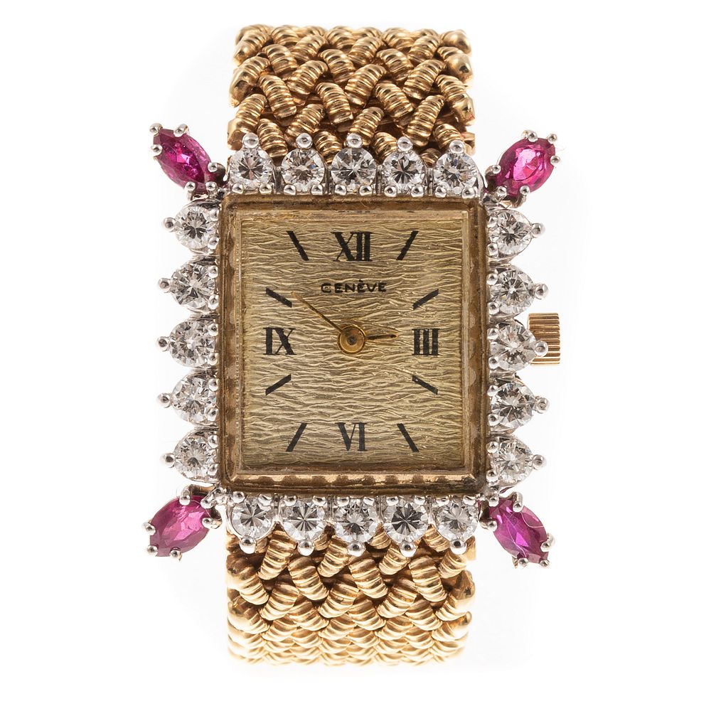 Appraisal: A K Diamond Ruby Geneve Cocktail Watch K yellow gold