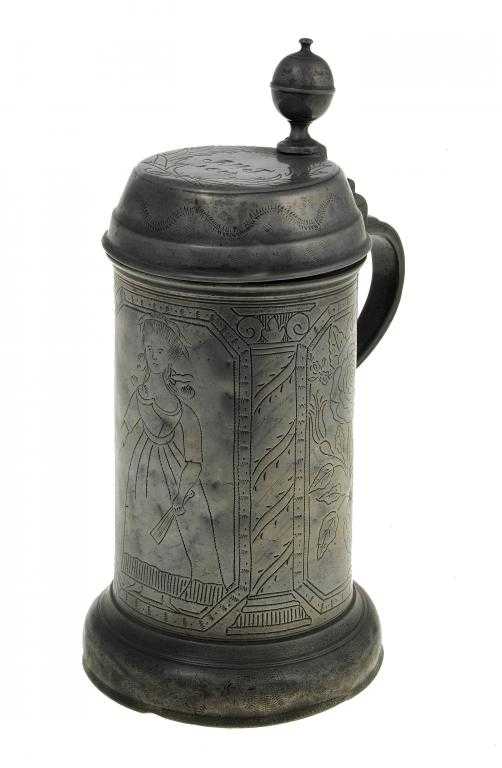 Appraisal: A GERMAN PEWTER TANKARD cylindrical on domed foot engraved with