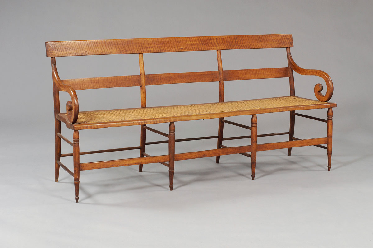 Appraisal: NEW ENGLAND SHERATON TIGER MAPLE SETTEE The rectangular figured maple