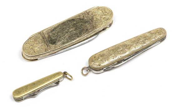 Appraisal: THREE GOLD POCKET KNIVES ca Yellow gold and metal Attractive