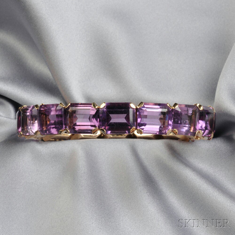 Appraisal: Amethyst Bracelet the hinged bangle set with sixteen emerald-cut amethysts