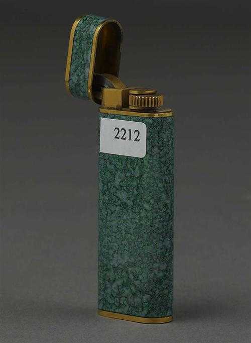 Appraisal: LIGHTER CARTIER Enamelled gas lighter with green marbled sides base