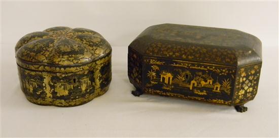 Appraisal: Two Chinese black and gold lacquered sewing boxes c one