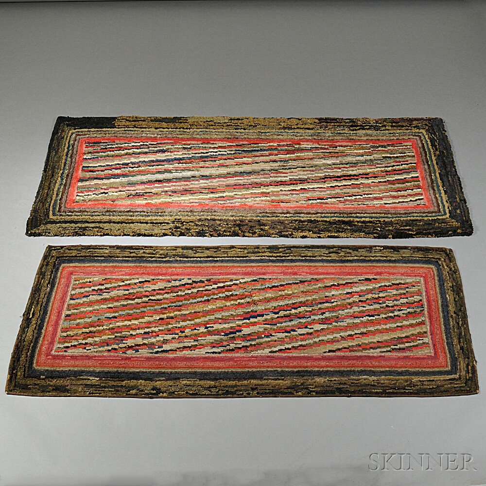 Appraisal: Two Similar Hooked Rugs Maine c the diagonal zigzag multicolored