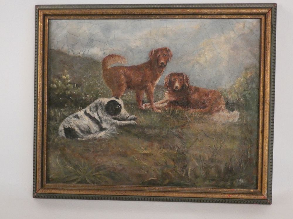 Appraisal: PAINTING DOGS IN LANDSCAPE Old oil painitng on canvas of