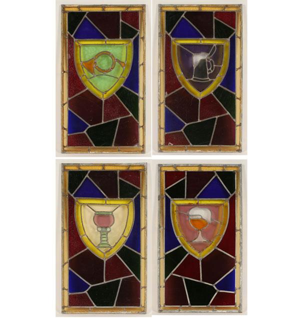 Appraisal: Stained glass four tavern panels with chalice mug goblet stein