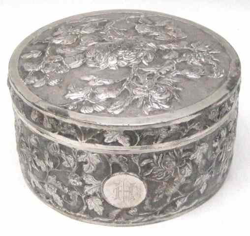 Appraisal: CHINESE EXPORT SILVER DRESSER BOX c - round with all