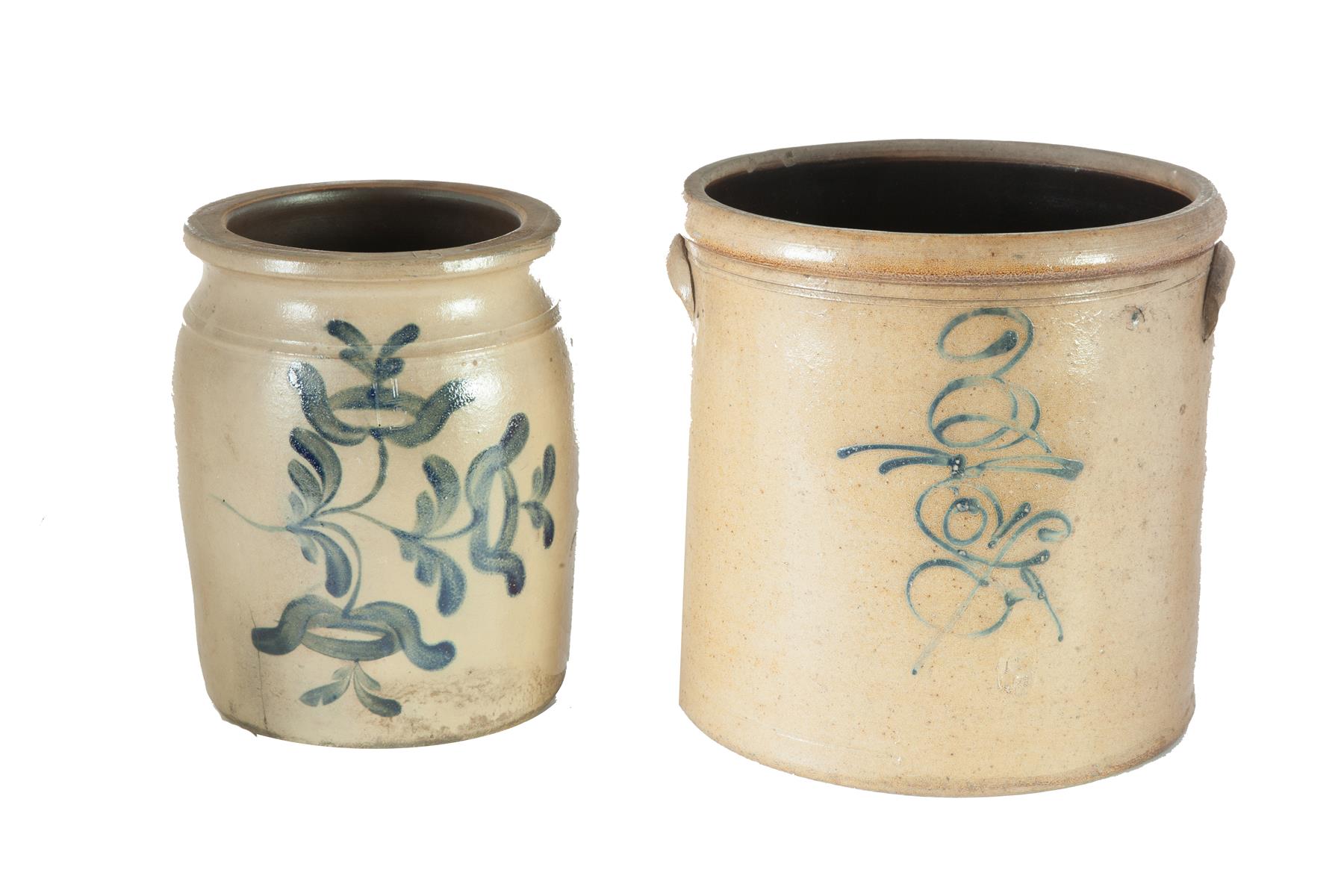 Appraisal: TWO STONEWARE JARS WITH FREEHAND COBALT DECORATION Fourth quarter- th