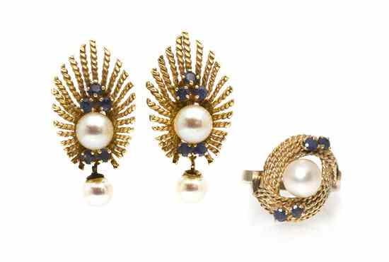 Appraisal: A Group of Karat Yellow Gold Cultured Pearl and Sapphire