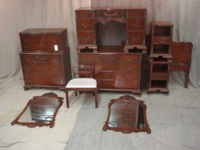 Appraisal: Mahogany Bedroom Set with Carved Trim Includes bed high chest