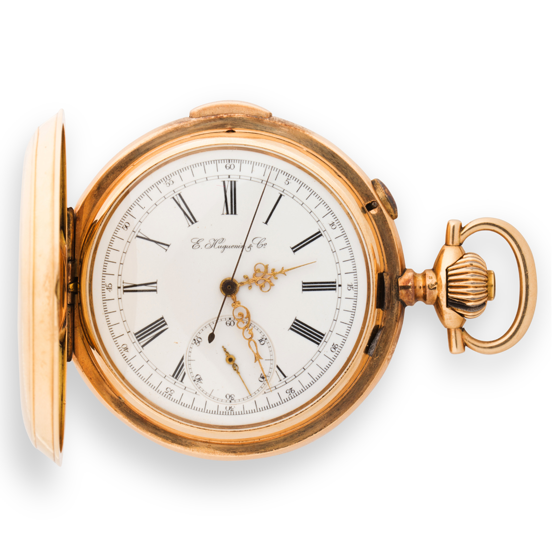 Appraisal: A FOURTEEN KARAT GOLD POCKET WATCH MINUTE REPEATOR E HUGUENIN