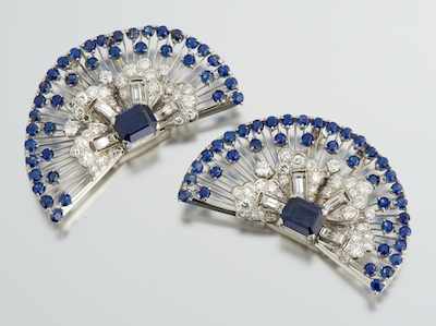 Appraisal: A Pair of Art Deco Platinum Diamond and Sapphire Brooches