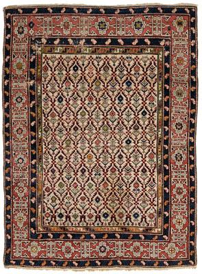 Appraisal: Caucasian rug ivory central field with repeating tree-like designs ft