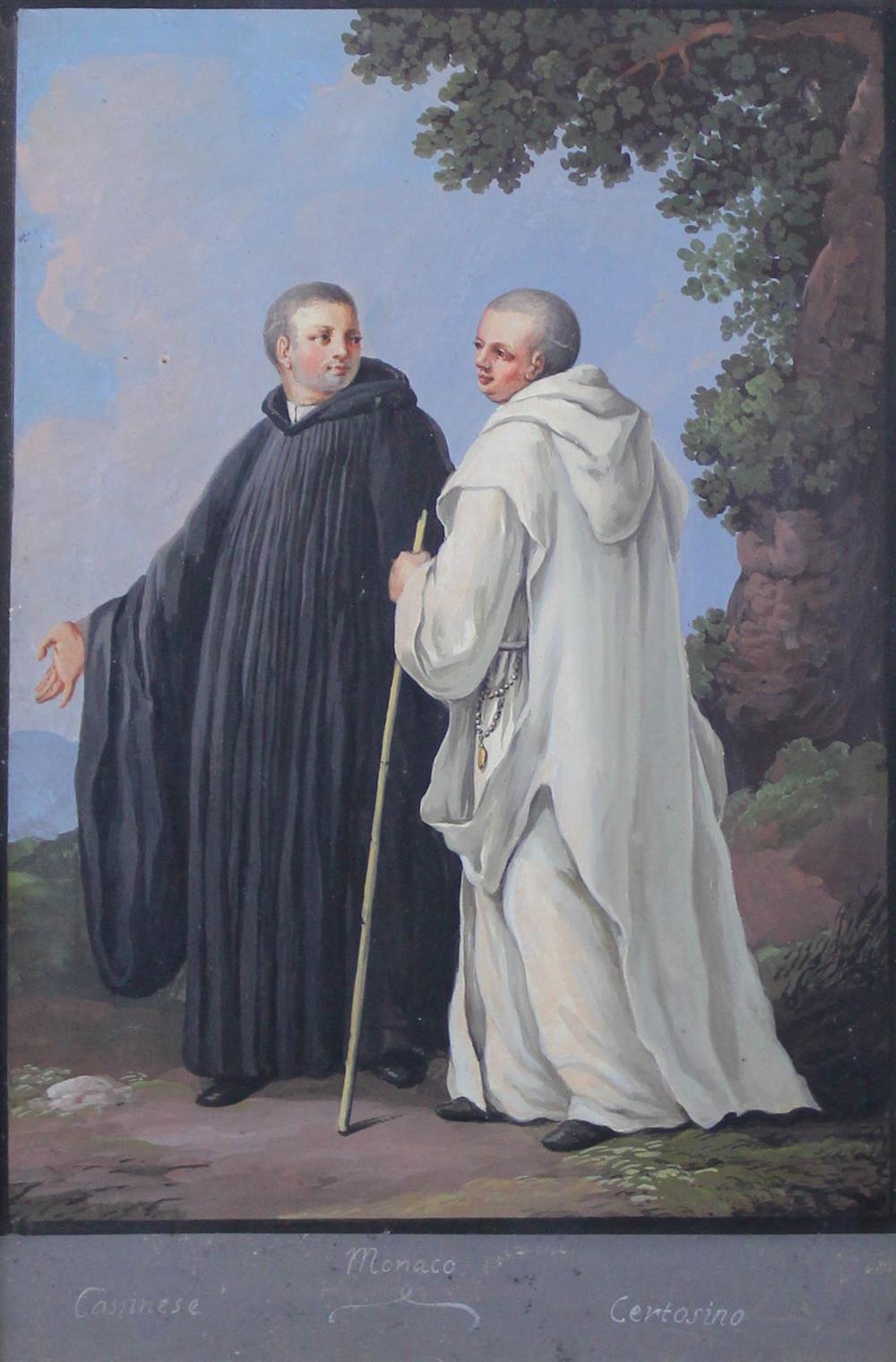 Appraisal: ITALIAN SCHOOL TH CENTURY TWO MONKS CASSINO and CARTHUSIAN Gouache