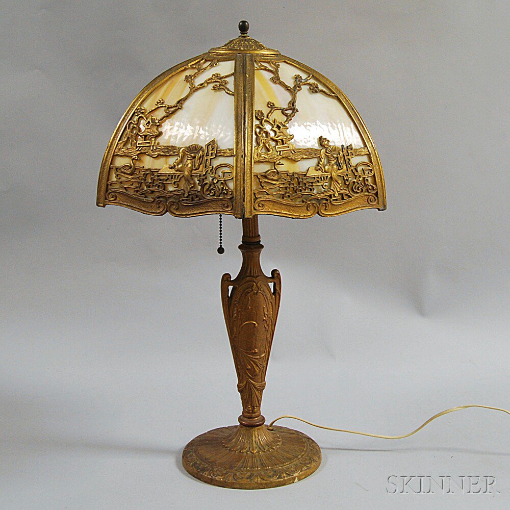 Appraisal: Metal Overlay and Slag Glass Table Lamp early th century