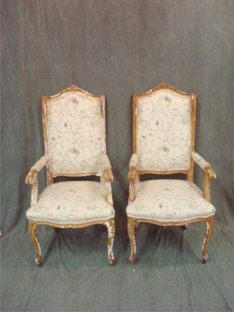 Appraisal: Pair of High Back French Embroidered Arm Chairs From a