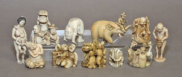 Appraisal: Twelve small ivory figural carvings Including two studies depicting ashinaga