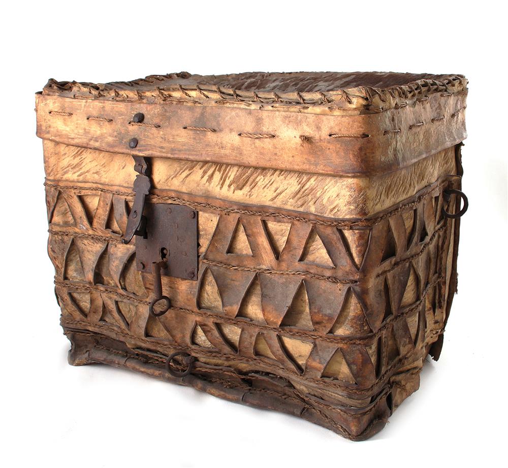 Appraisal: Spanish Colonial rawhide petaca travel chest th th century hand-stitched