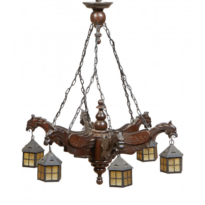 Appraisal: Unusual French Provincial Carved Walnut and Iron Six Light Chandelier