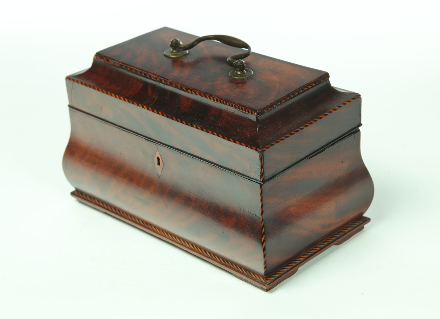 Appraisal: INLAID TEA CADDY England early th century mahogany Bombe' form