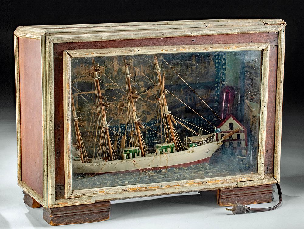 Appraisal: Antique Wood Paper Model Ship Diorama w Light North America