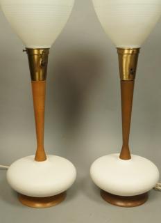 Appraisal: Pr Modernist Table Lamps Walnut Textured Cerami Pr Modernist Table