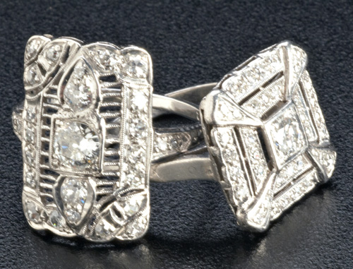 Appraisal: Two Art Deco diamond rings in pt square-shaped ring with