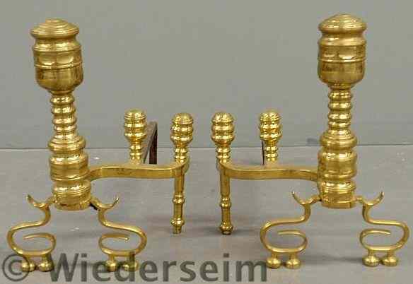 Appraisal: Pair of brass andirons th c with double log stops