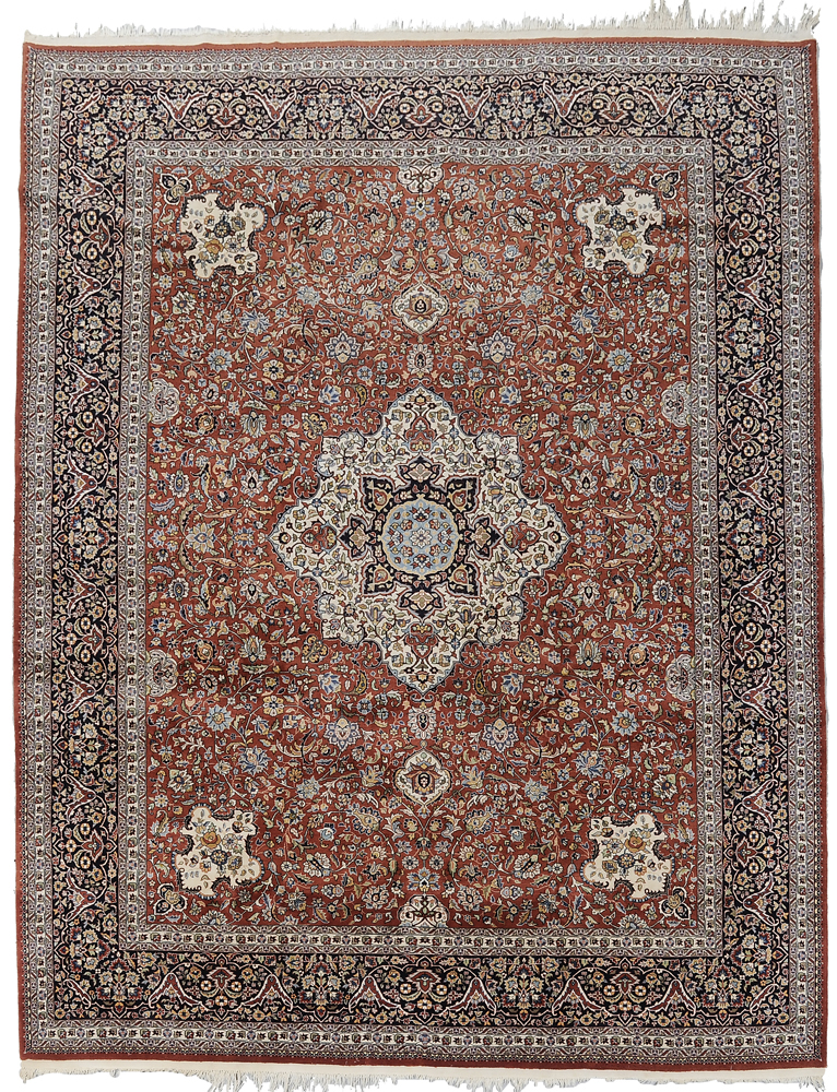 Appraisal: Kashan Style Hand-Woven Carpet modern ivory central medallion with brick-red