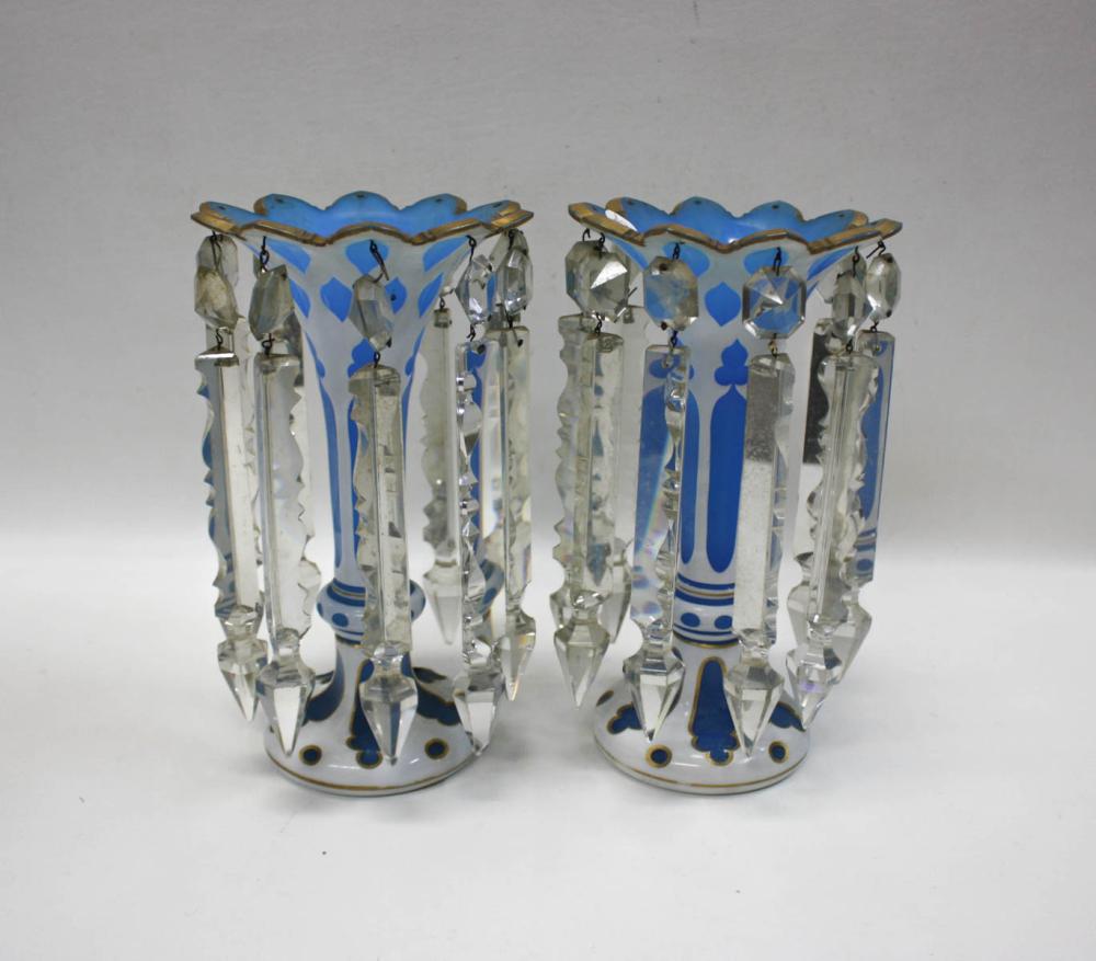 Appraisal: PAIR OF BOHEMIAN GLASS LUSTRES blue glass with white overlay