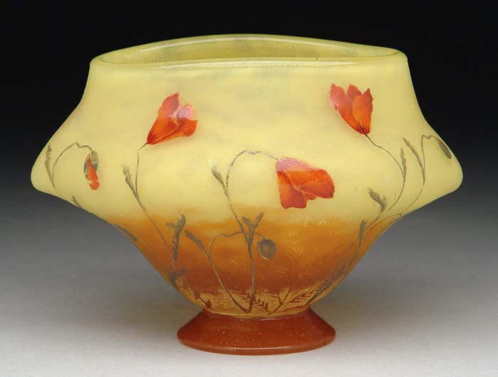 Appraisal: DAUM CAMEO ENAMEL VASE Gorgeous orange and red poppies with