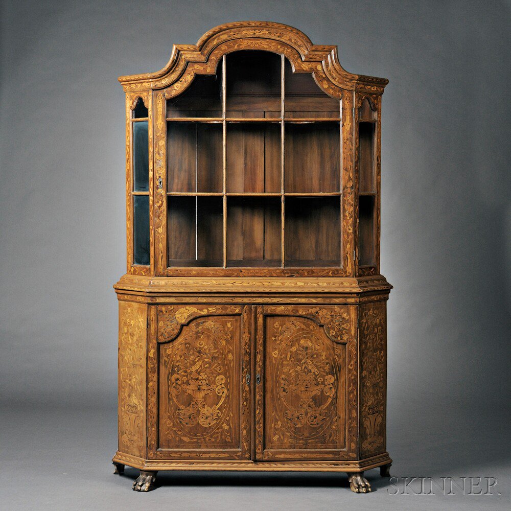 Appraisal: Dutch Marquetry Cabinet mid to late th century upper glass-enclosed