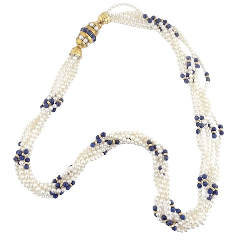 Appraisal: Gold Cultured Pearl and Lapis Bead Torsade Bracel Gold Cultured