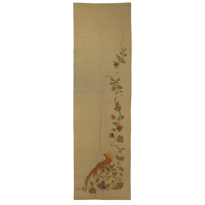 Appraisal: Arts and Crafts table runner colorful embroidered bird fruit and