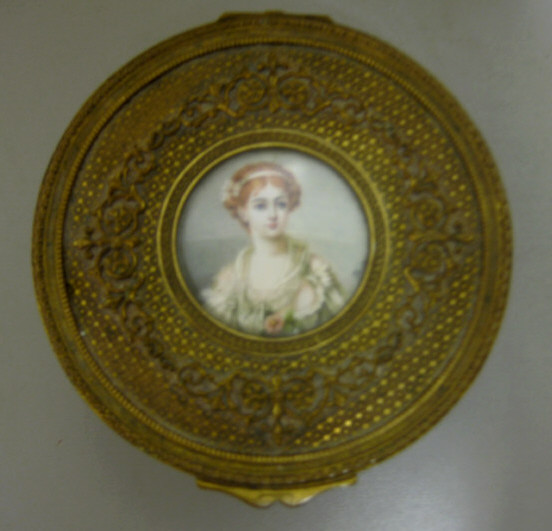 Appraisal: FRENCH JEWELRY BOX WITH PORTRAIT PAINTING Gilt bronze circular box