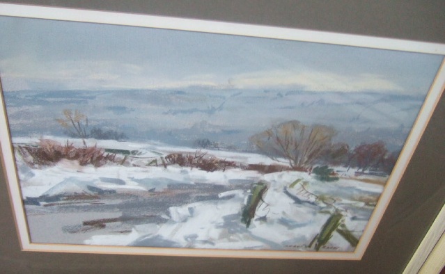 Appraisal: Angus Rands - Hill top road Snowy landscape two pastels