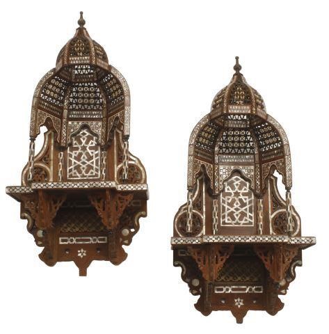 Appraisal: pair Moorish inlaid domed hanging wall brackets approx h w