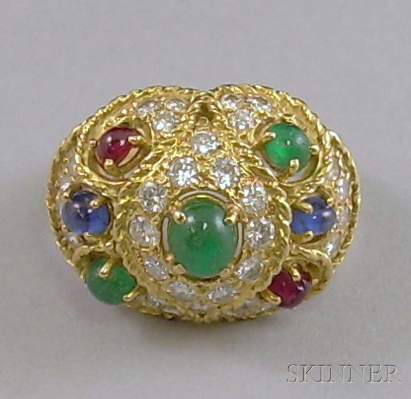 Appraisal: kt Gold Diamond and Cabochon Emerald Ruby and Sapphire Ring